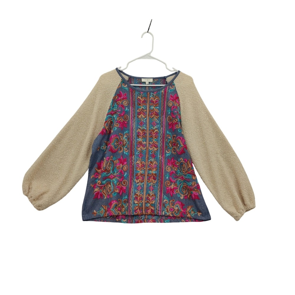 Umgee Womens Peasant Folk Cottage Whimsy Embroidery Top S Blue‎ Balloon Sleeve